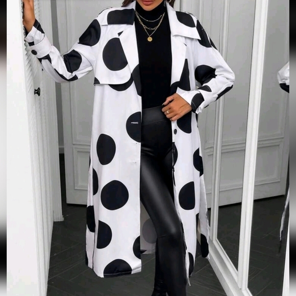 Women's Single-Breasted Geo Print Polka Dot Long Sleeve Open Front Trench Coat - Picture 3 of 5